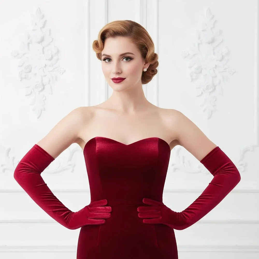 Women's Wine Red Velvet Long Gloves Elbow Length Costume Flapper Evening Banquet